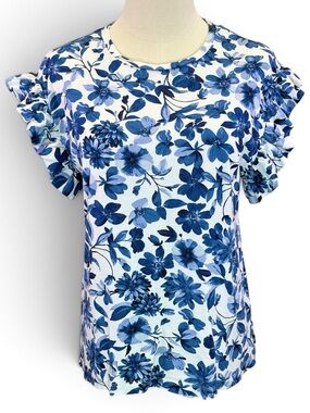 Nautica Jeans Women’s Blue White Floral Ruffle Sleeve Top Blouse Size L
